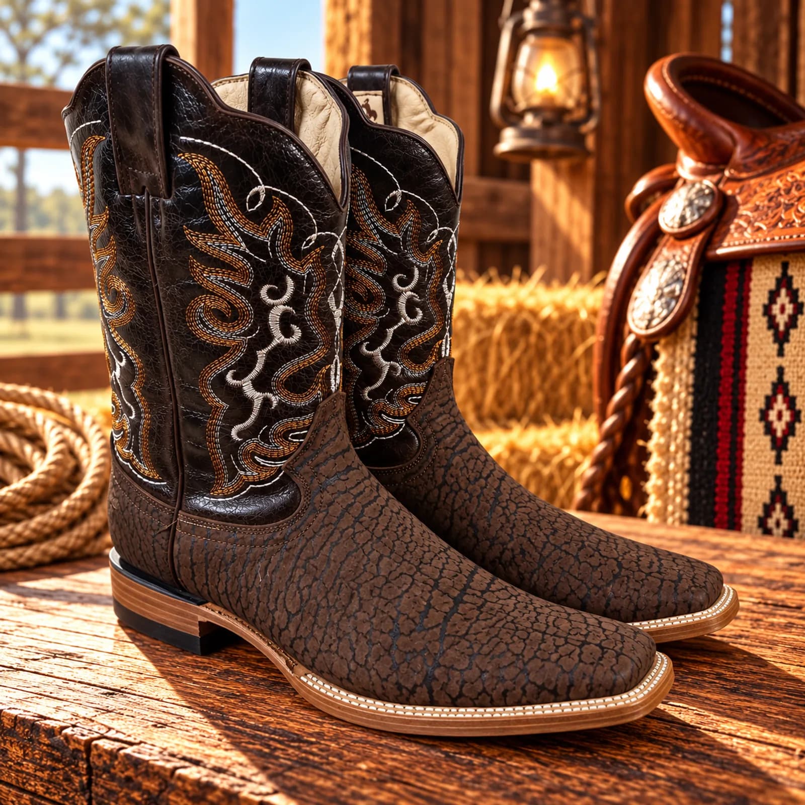 Botas Texanas Punta Cuadrada Estilo Elefante Café