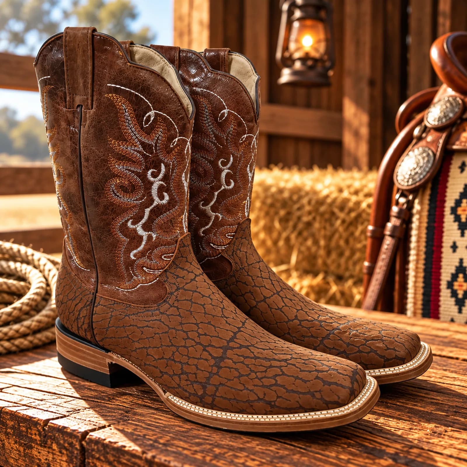 Botas Texanas Punta Cuadrada Estilo Elefante Cognac