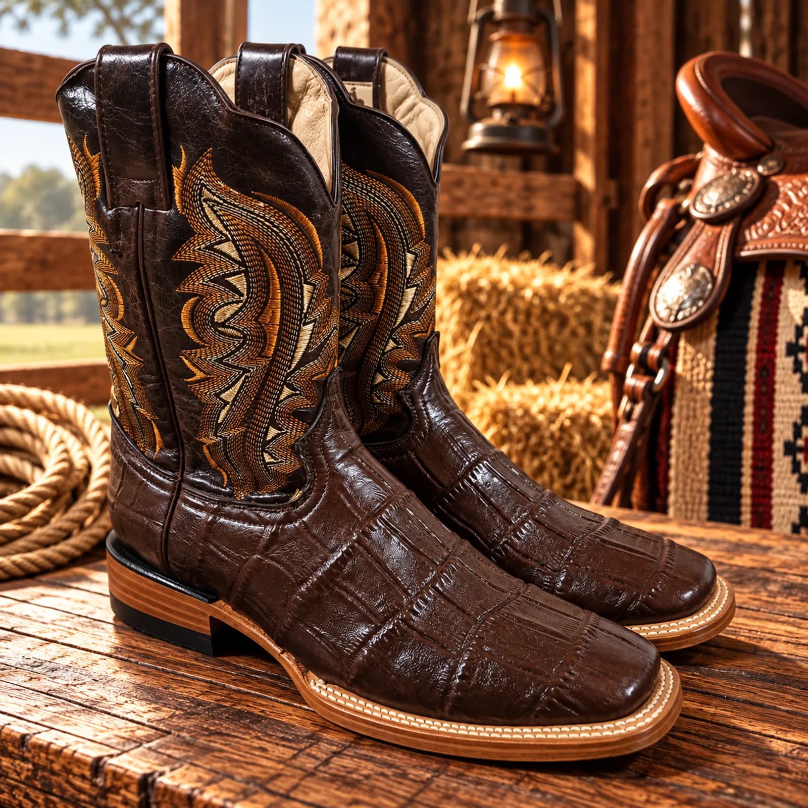 Botas Texanas Punta Cuadrada Estilo Panza de Cocodrilo Chocolate