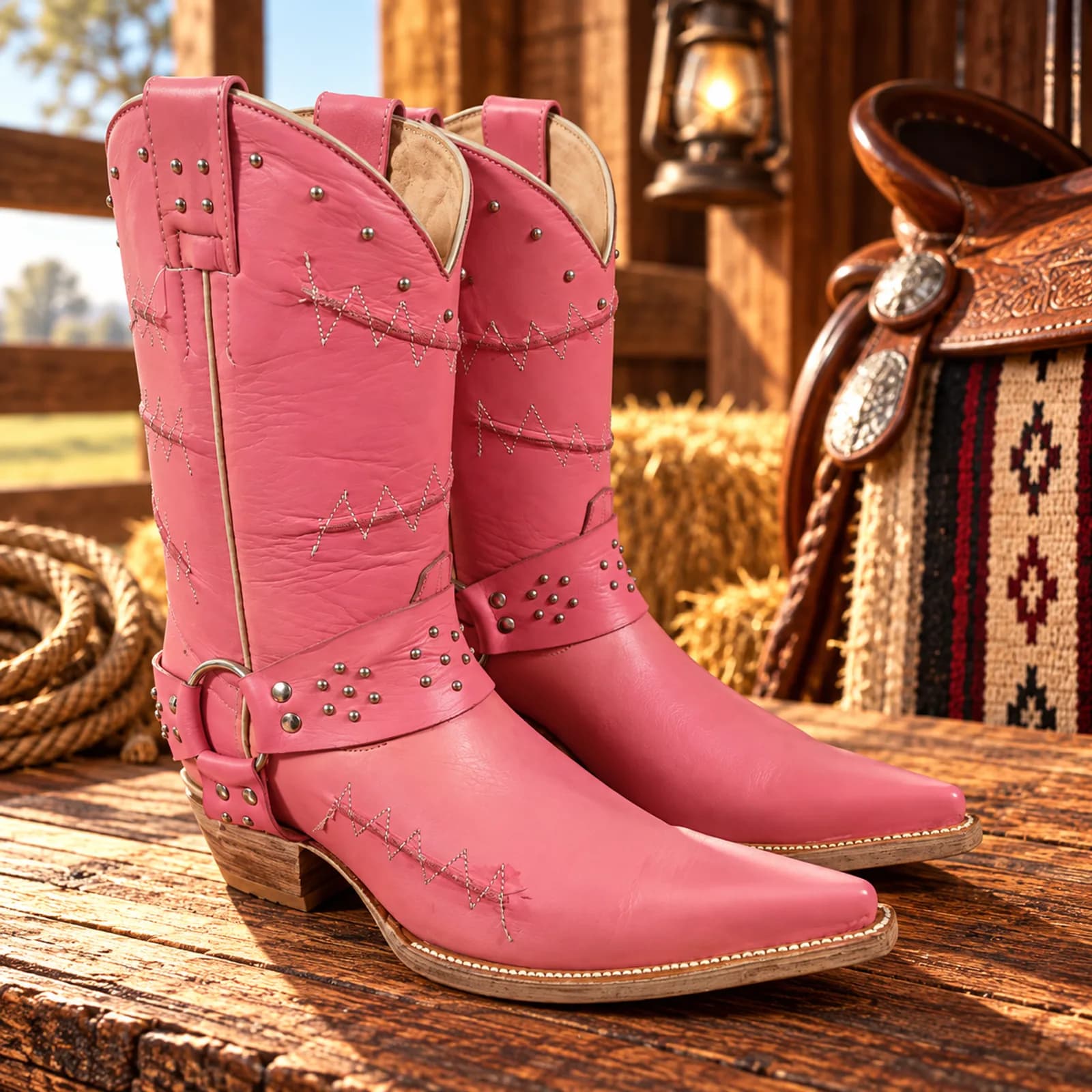 Botas Vaqueras Rosadas Mujer con Tachas