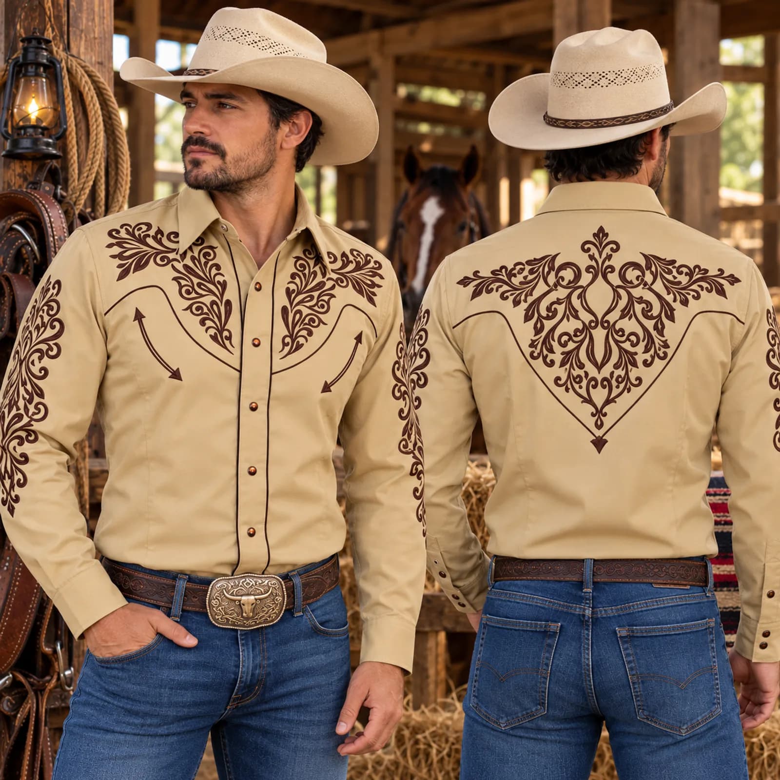 Camisa Charra Beige Bordado Café