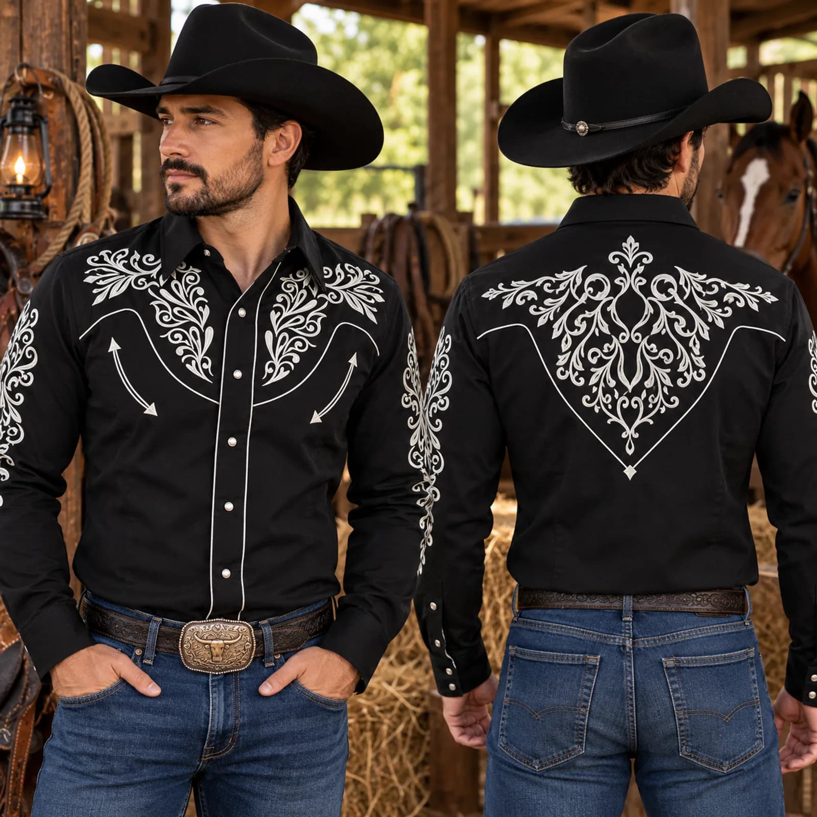 Camisa Charra Negra Bordado Blanco