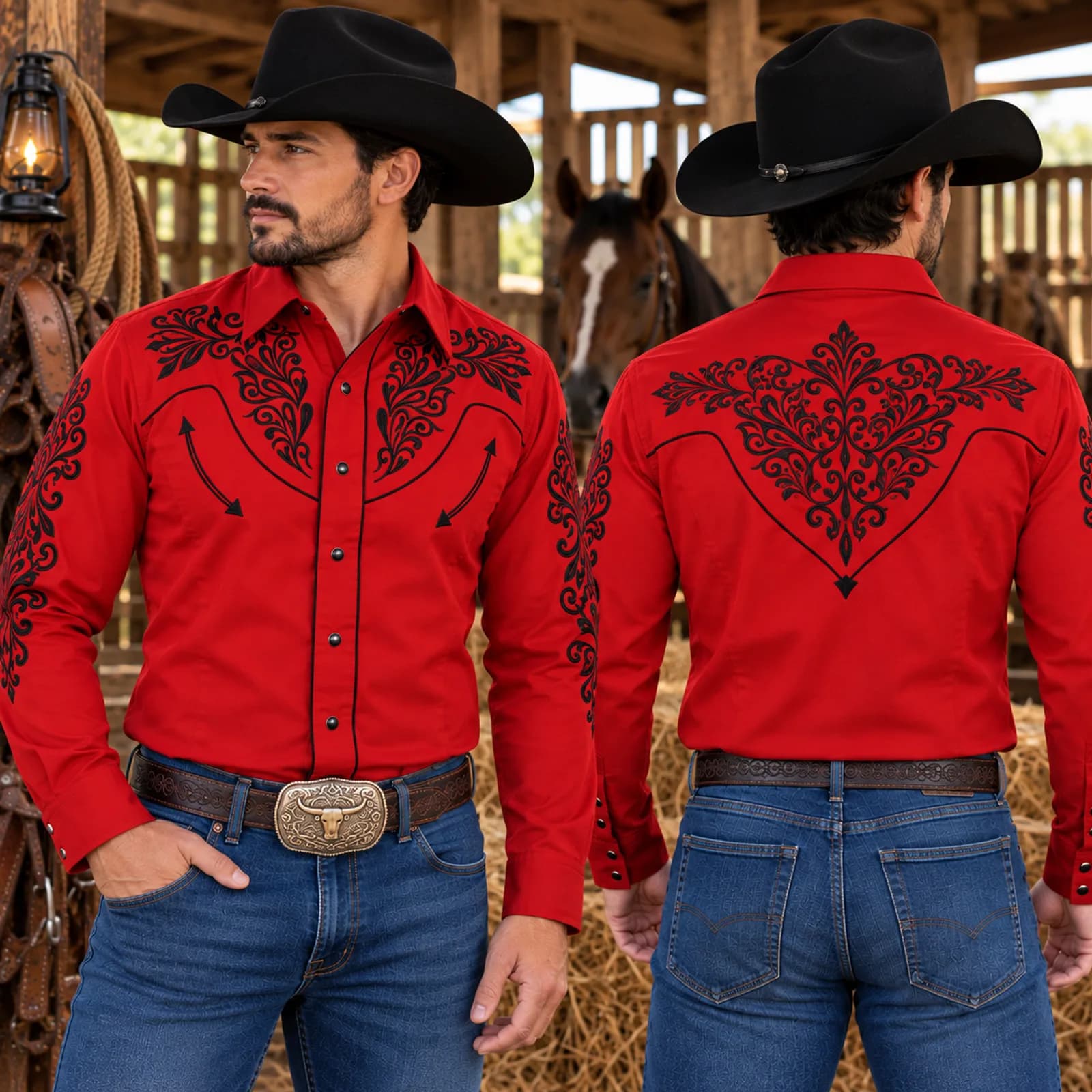 Camisa Charra Roja Bordado Negro