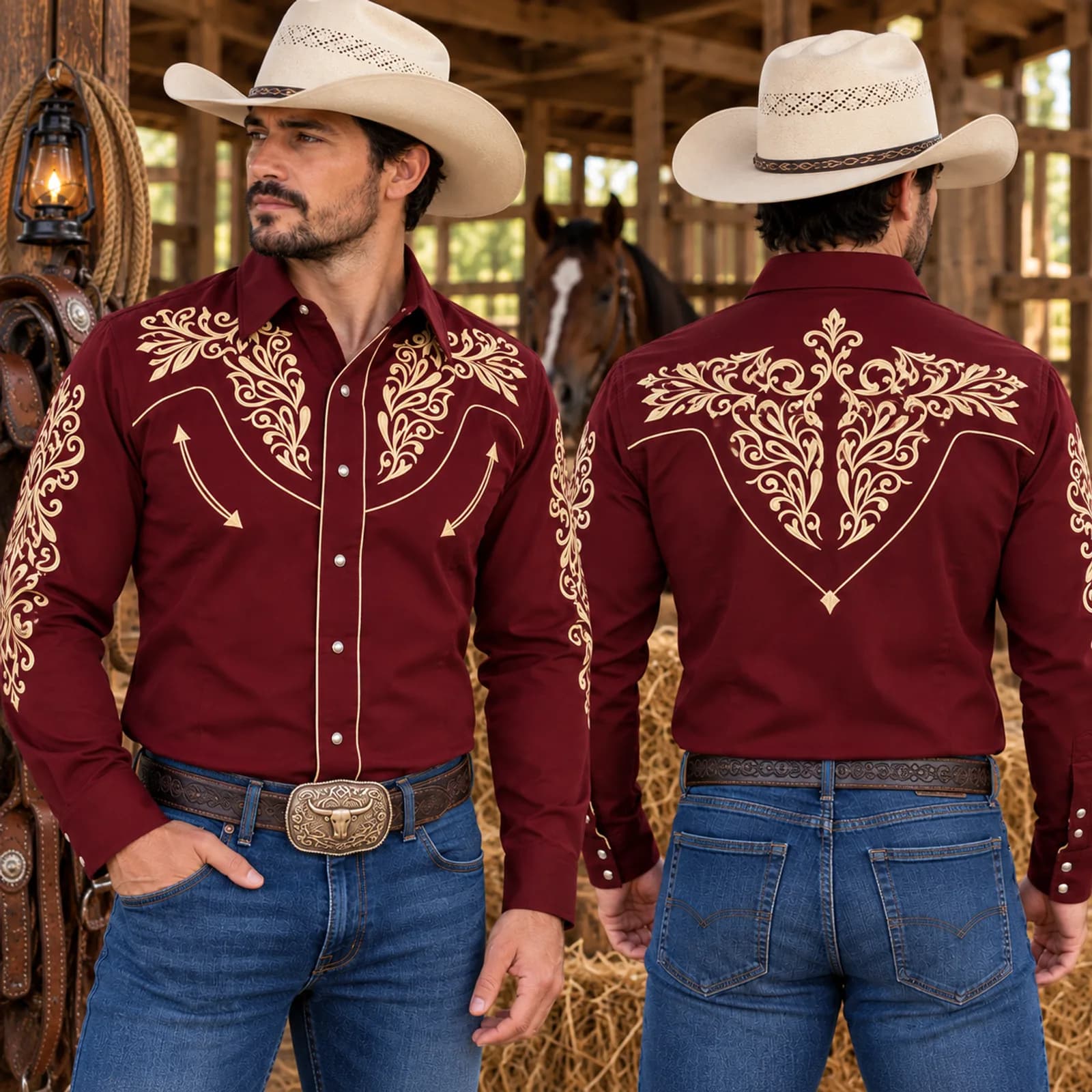 Camisa Charra Vino Bordado Dorado