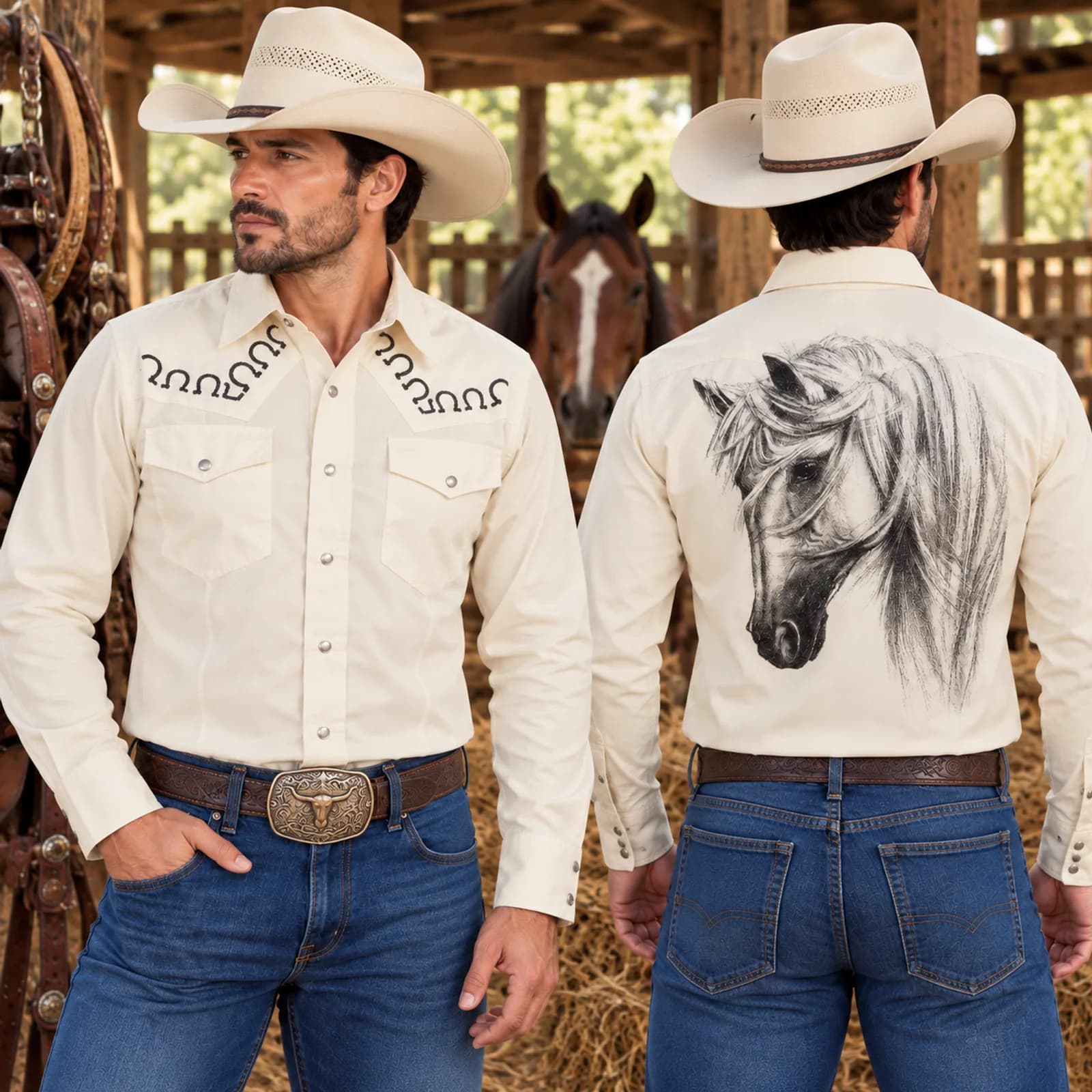 Camisa Hueso Bordado Caballo
