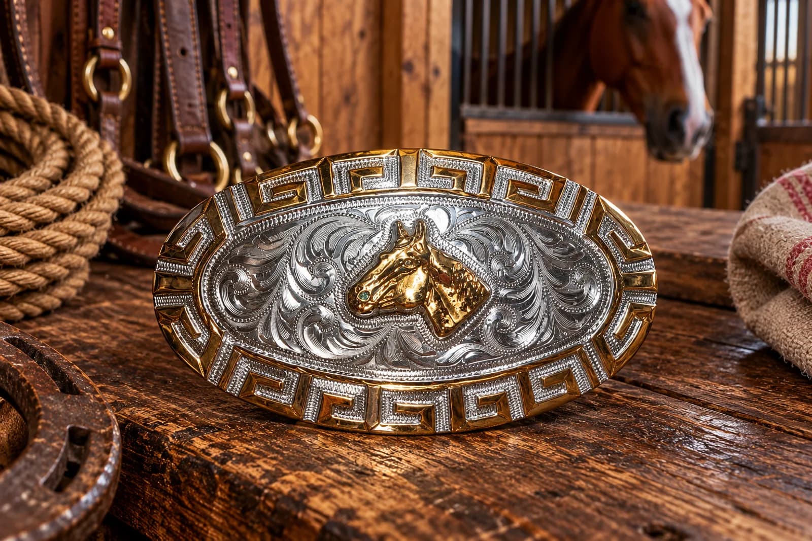 Hebilla Cabeza de Caballo Greca Dorada