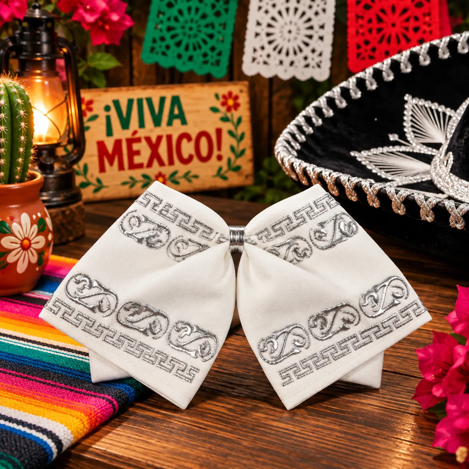 Moño de Charro Blanco Greca Plata