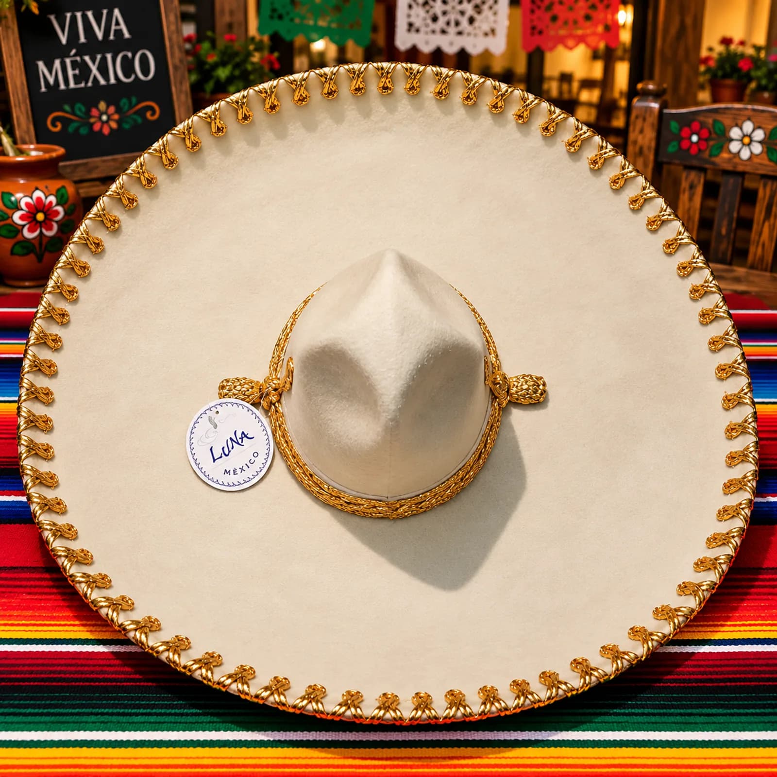 Sombrero Charro Liso Crema Cordón Dorado Luna