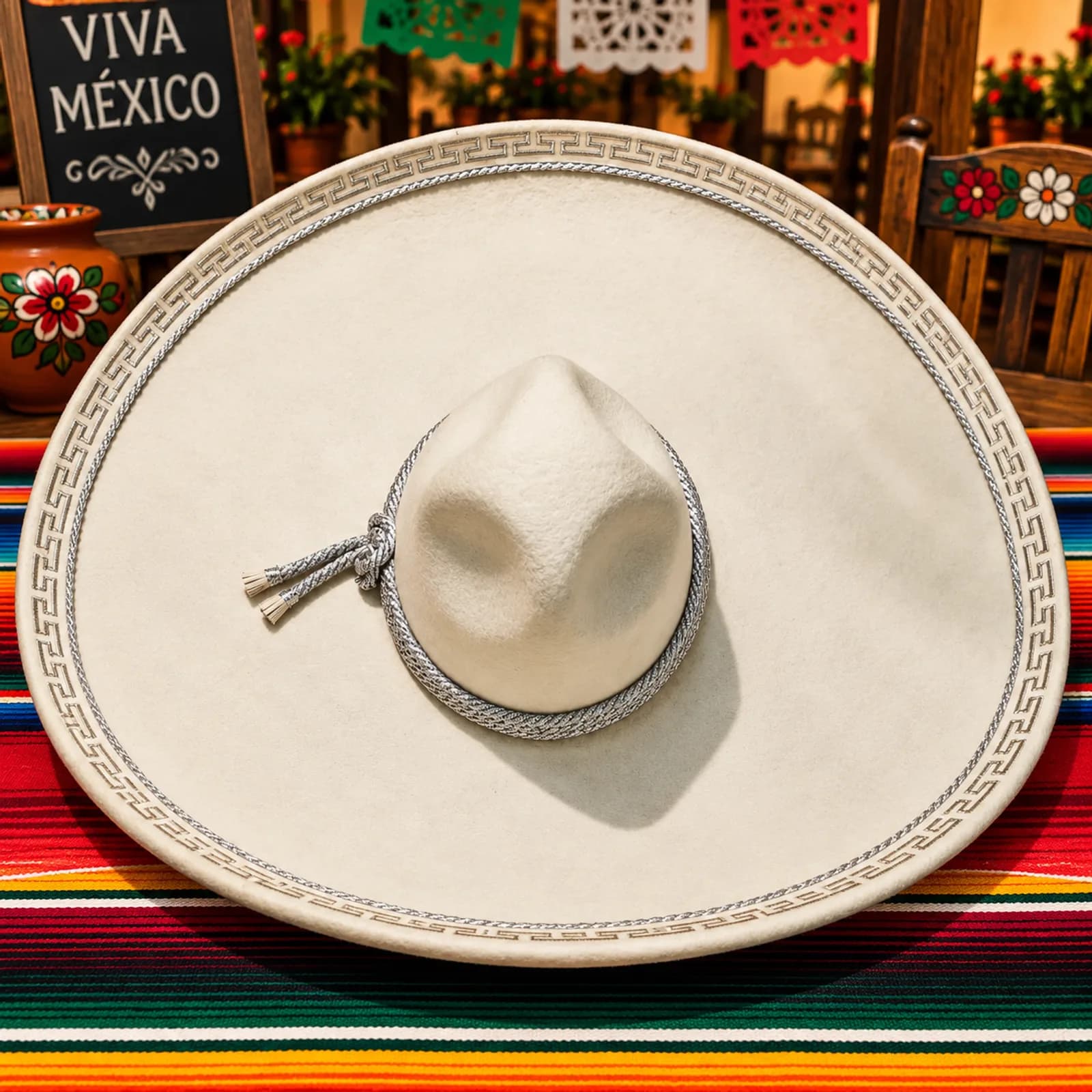 Sombrero Charro Liso Crema Cordón Plateado