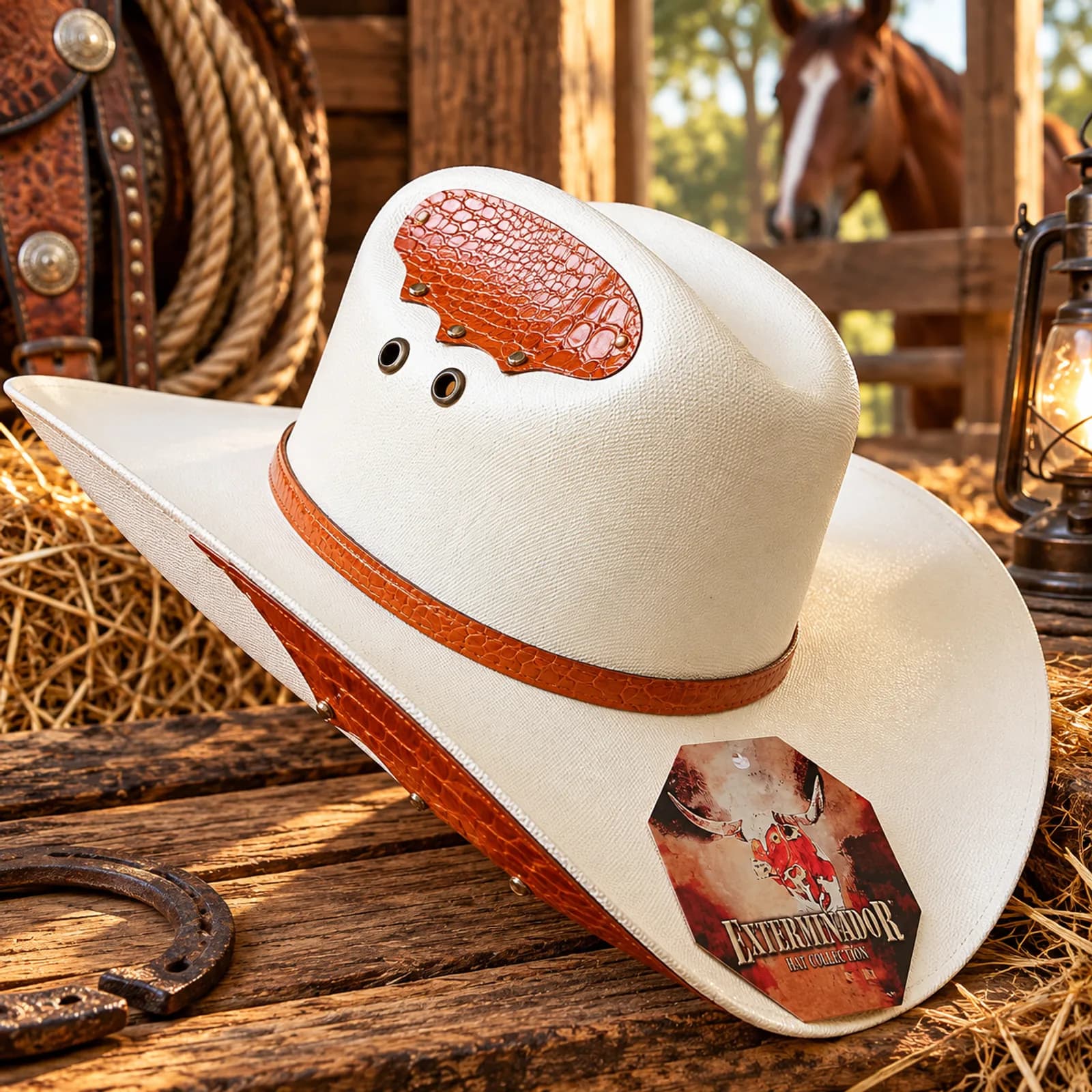Sombrero Tejano Aplicación Cuero Mostaza