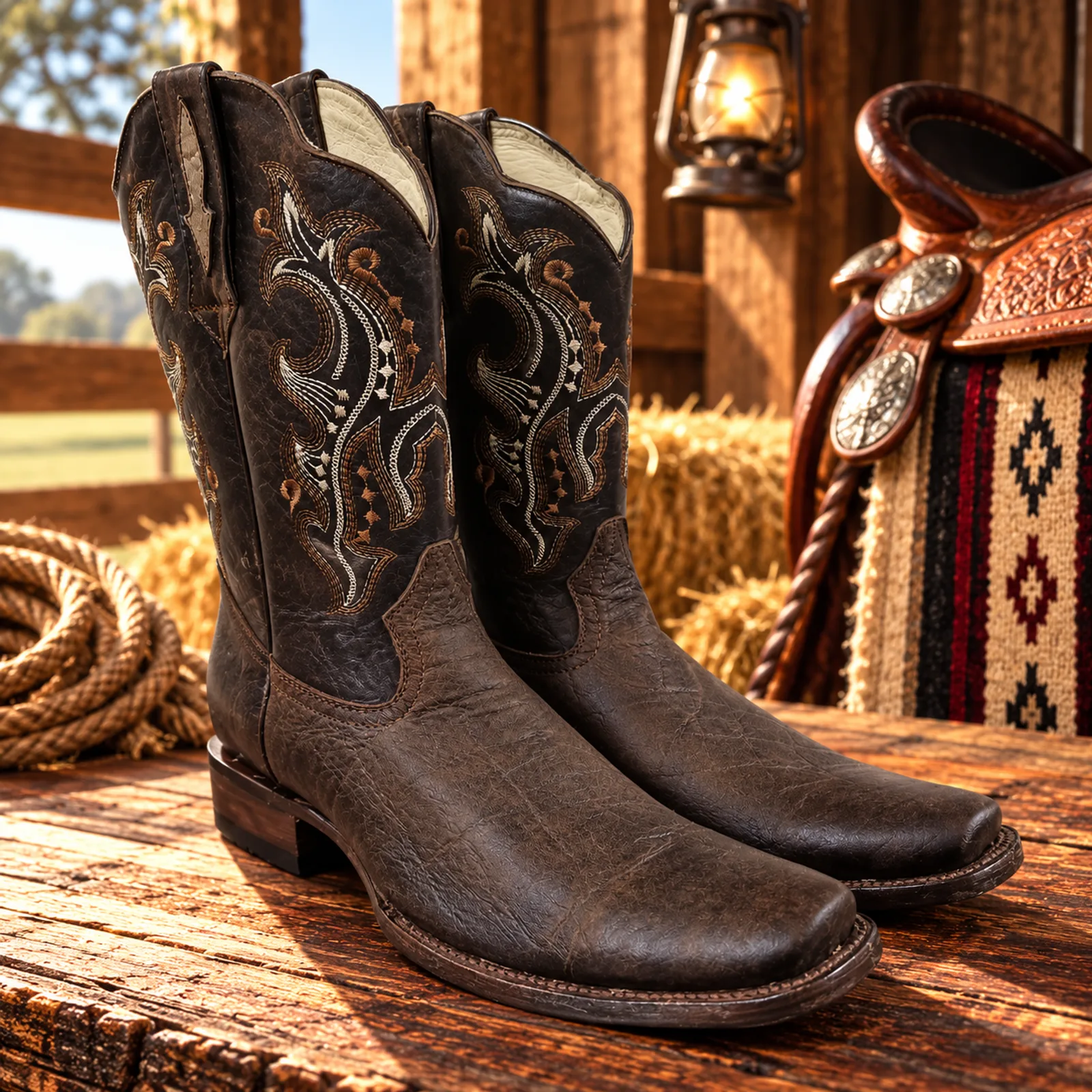 Botas Texanas Punta Cuadrada Estilo Elefante Chocolate