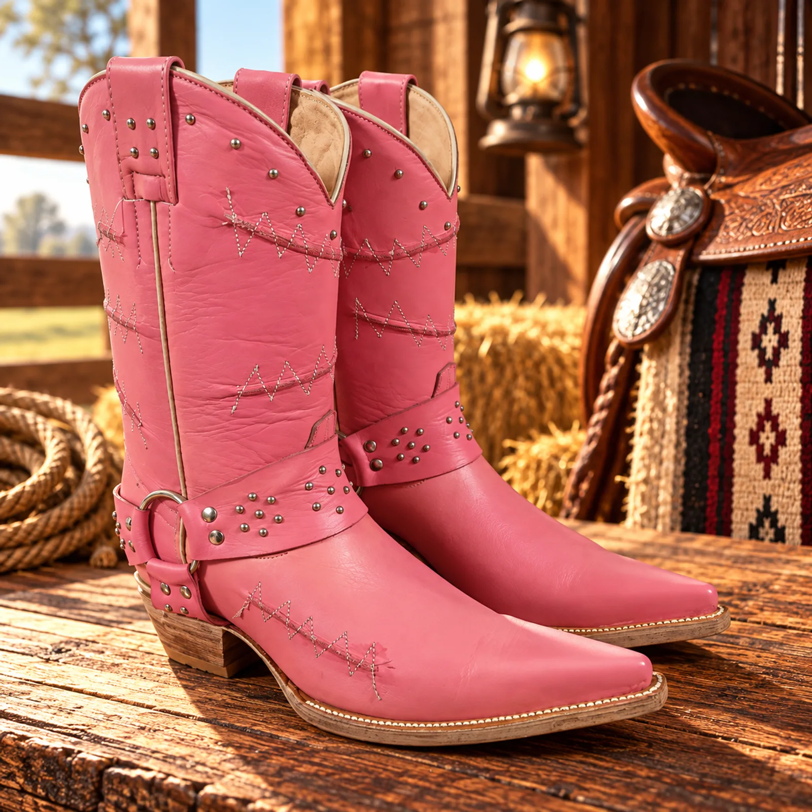 Botas Vaqueras Rosadas Mujer con Tachas