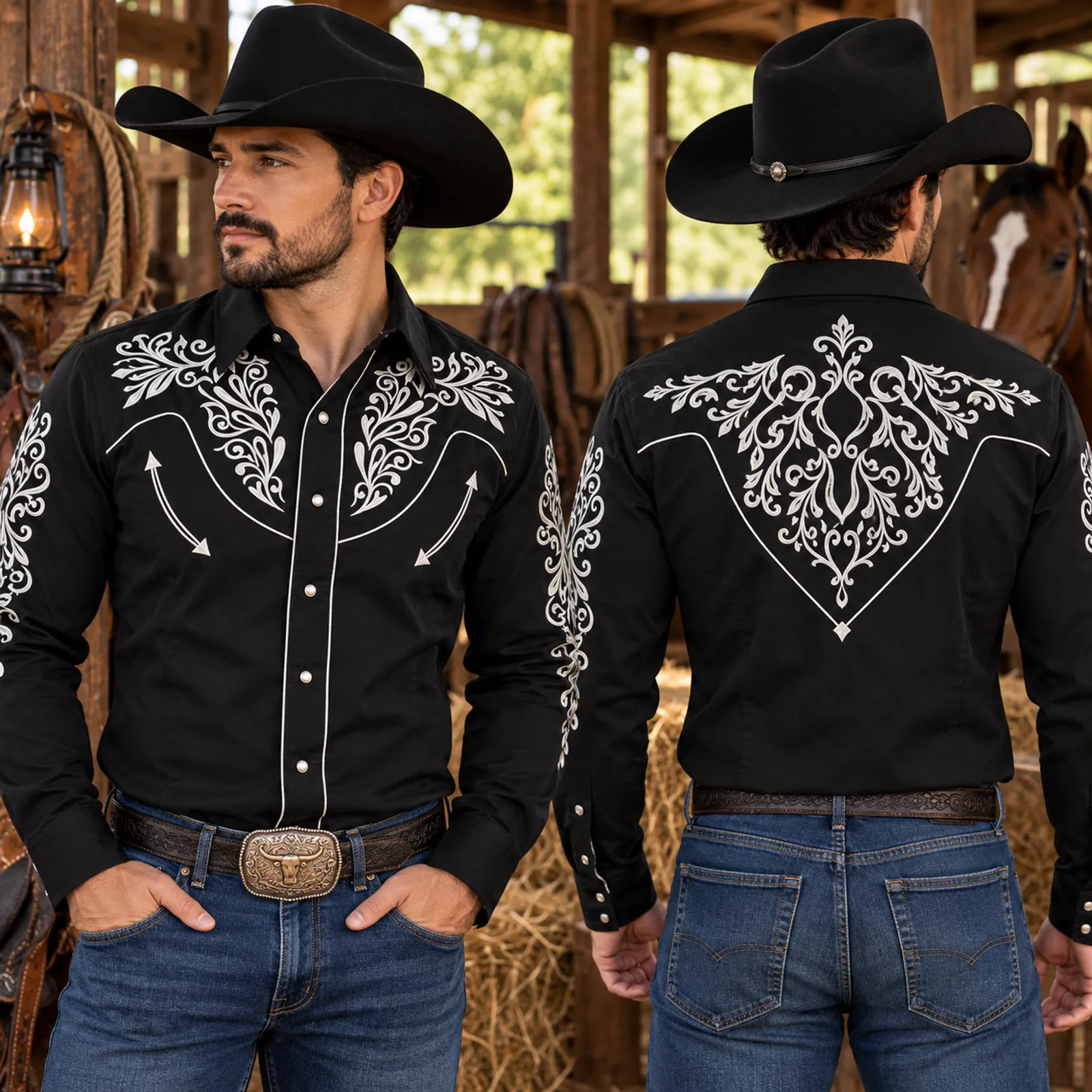 Camisa Vaquera Negra Bordado Blanco