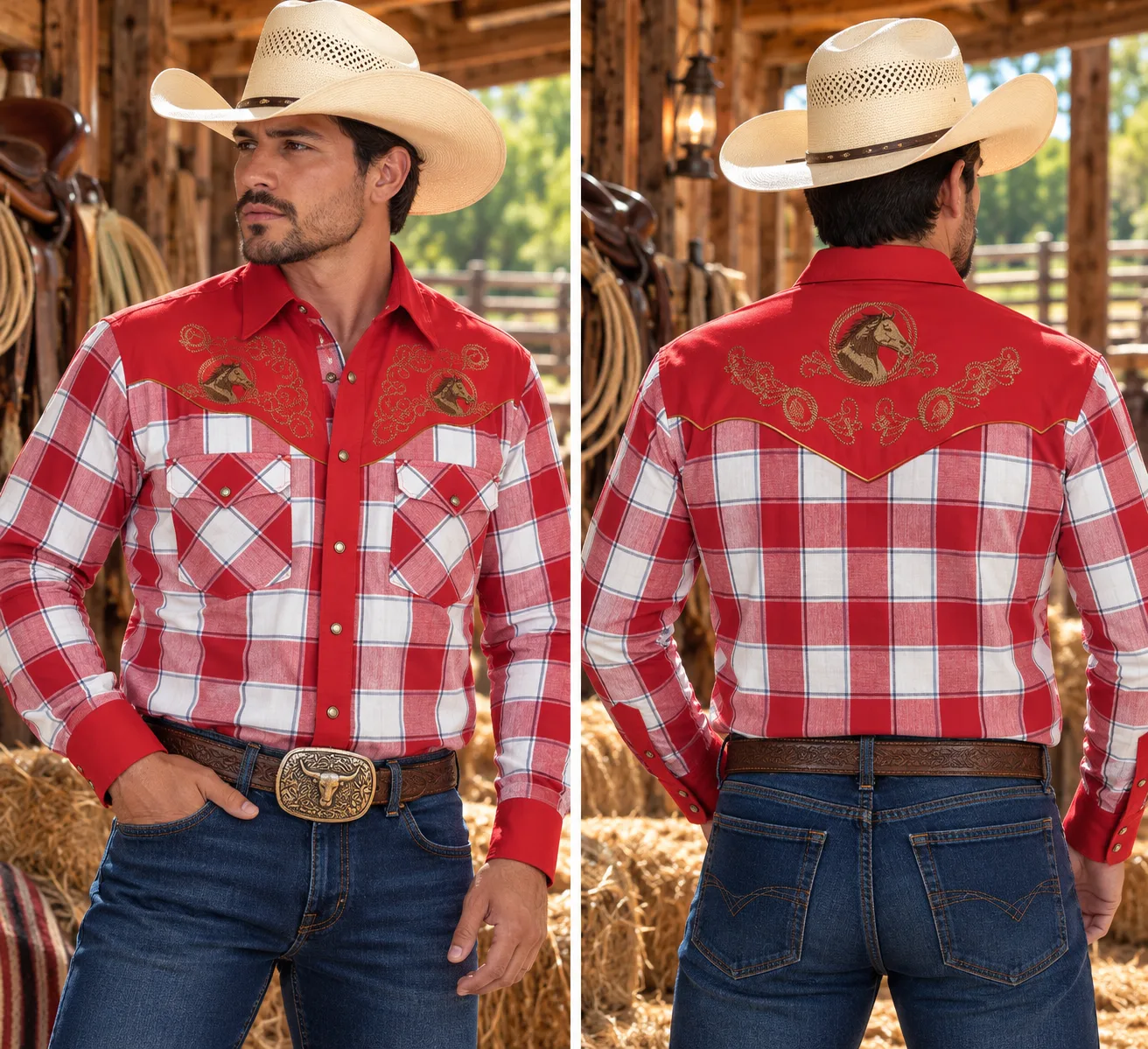 Camisa Vaquera Hombre Cuadros Rojos con Caballo