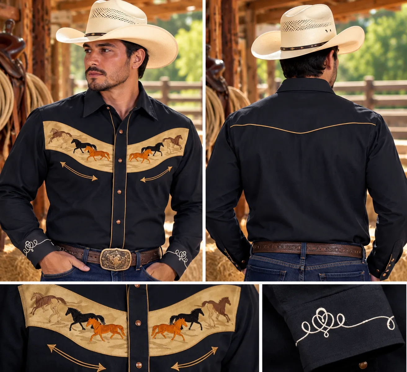 Camisa Vaquera Hombre Negra Caballos Bordados