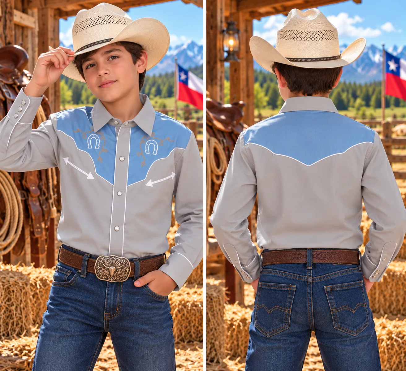 Camisa Vaquera Niño Gris y Celeste Herraduras
