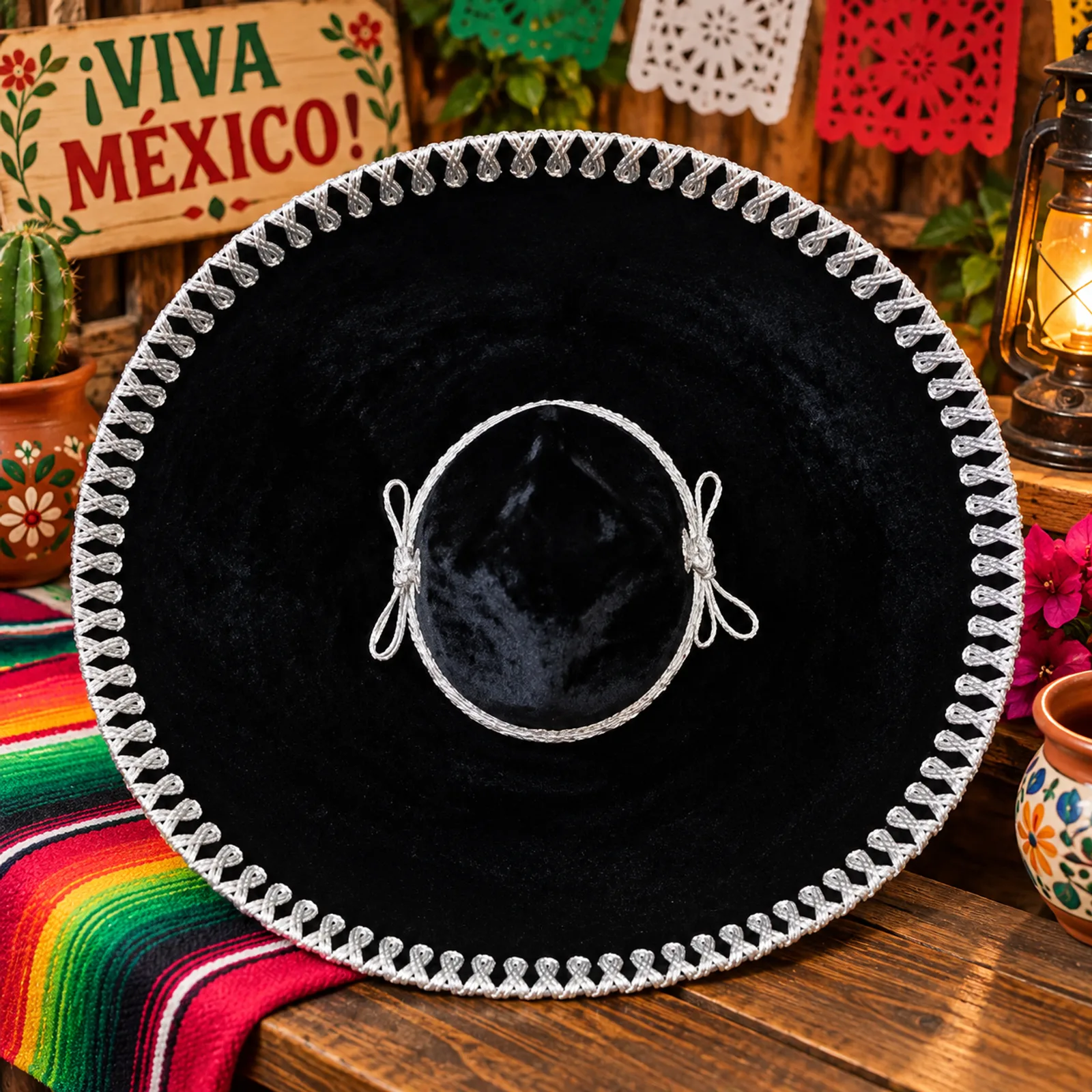 Sombrero Charro Liso Negro Cordón Plateado