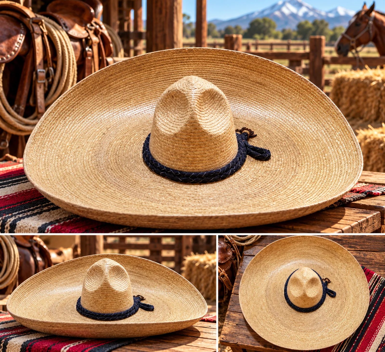 Sombrero Charro de Palma Natural con Cordón Azul