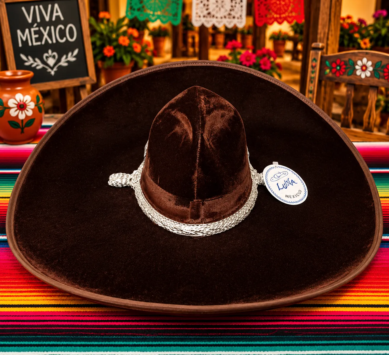 Sombrero Charro de Terciopelo Café Chocolate Cordón Plateado