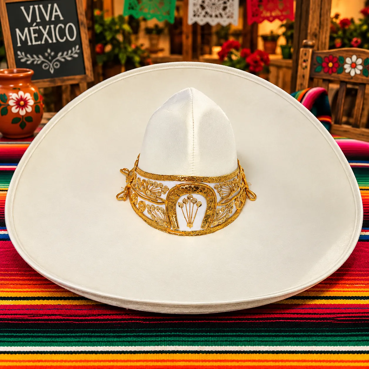 Sombrero Charro de Terciopelo Hueso Toquilla Dorada
