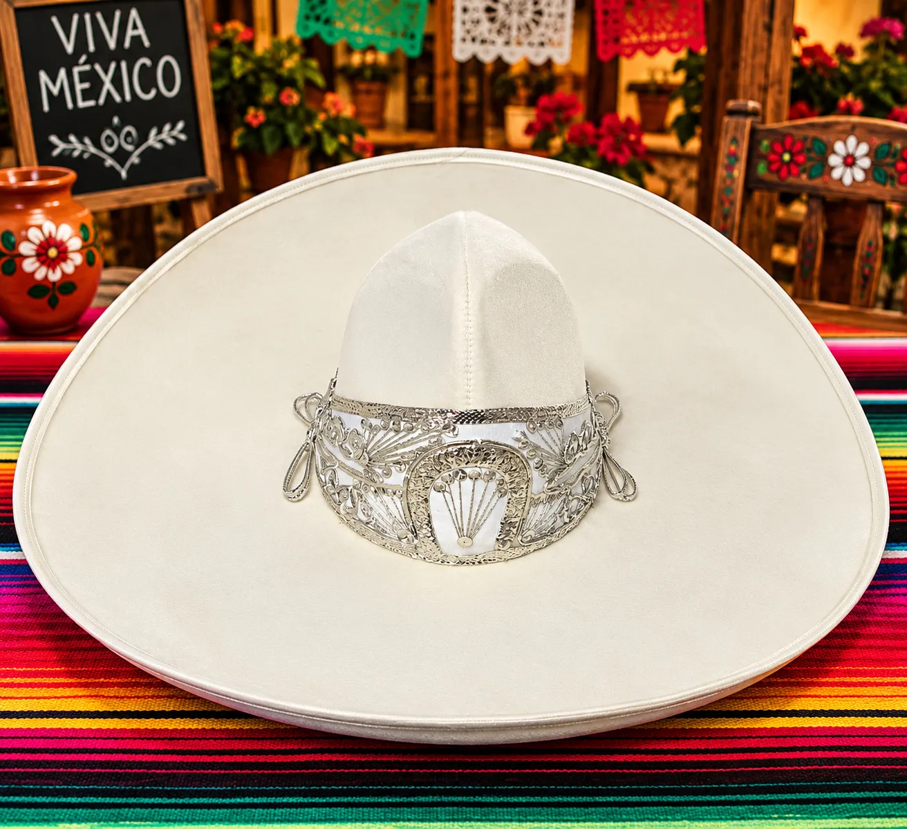 Sombrero Charro de Terciopelo Hueso Toquilla Plateada