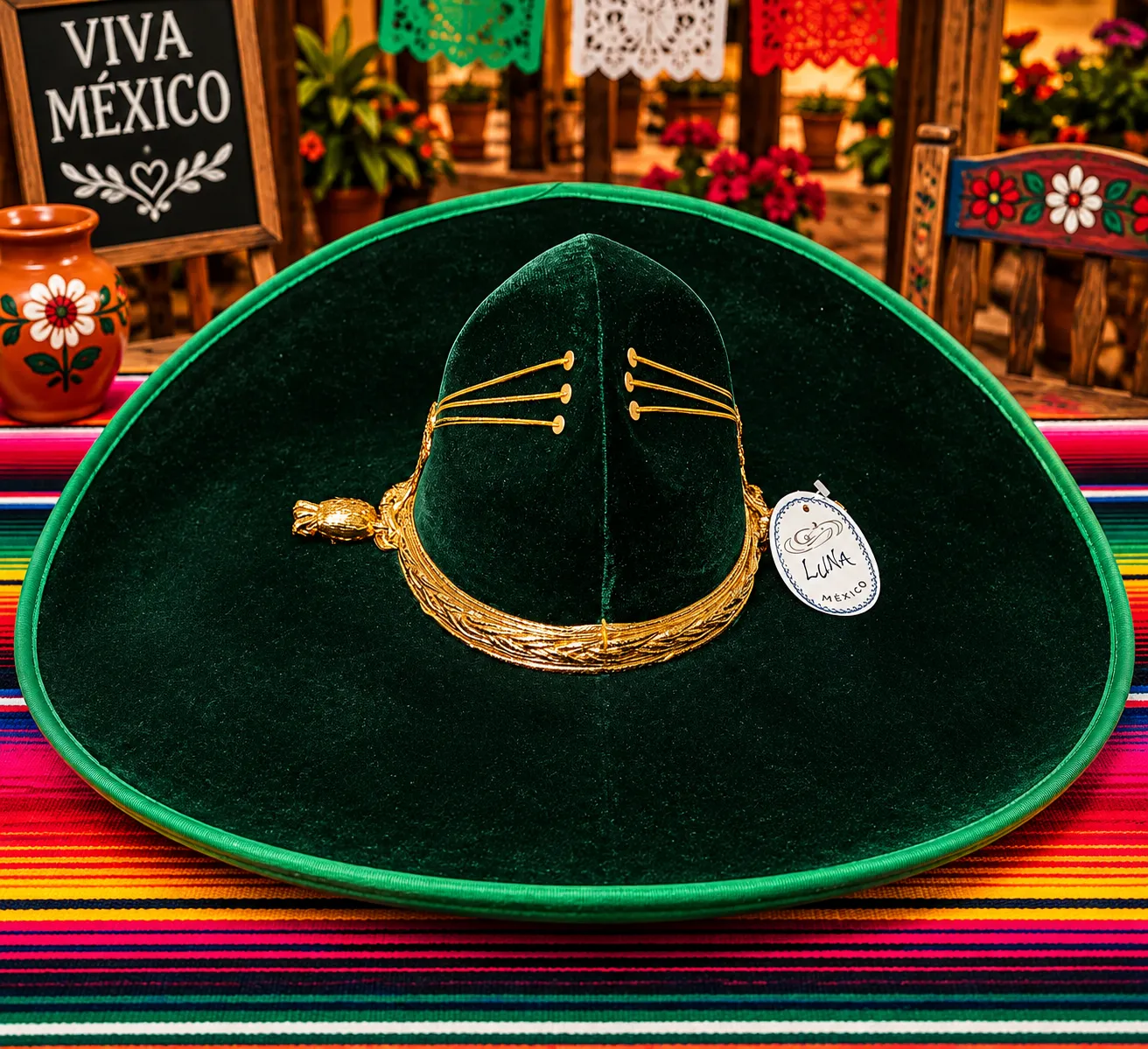 Sombrero Charro de Terciopelo Verde Botella Toquilla Dorada