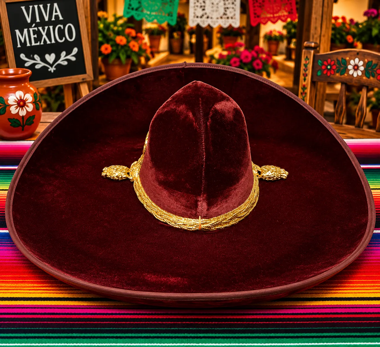 Sombrero Charro de Terciopelo Vino Cordón Dorado