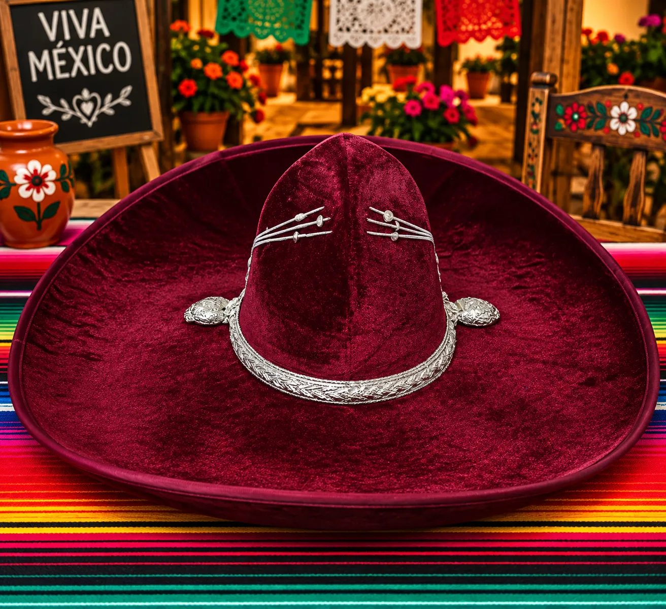 Sombrero Charro de Terciopelo Vino Toquilla Plateada