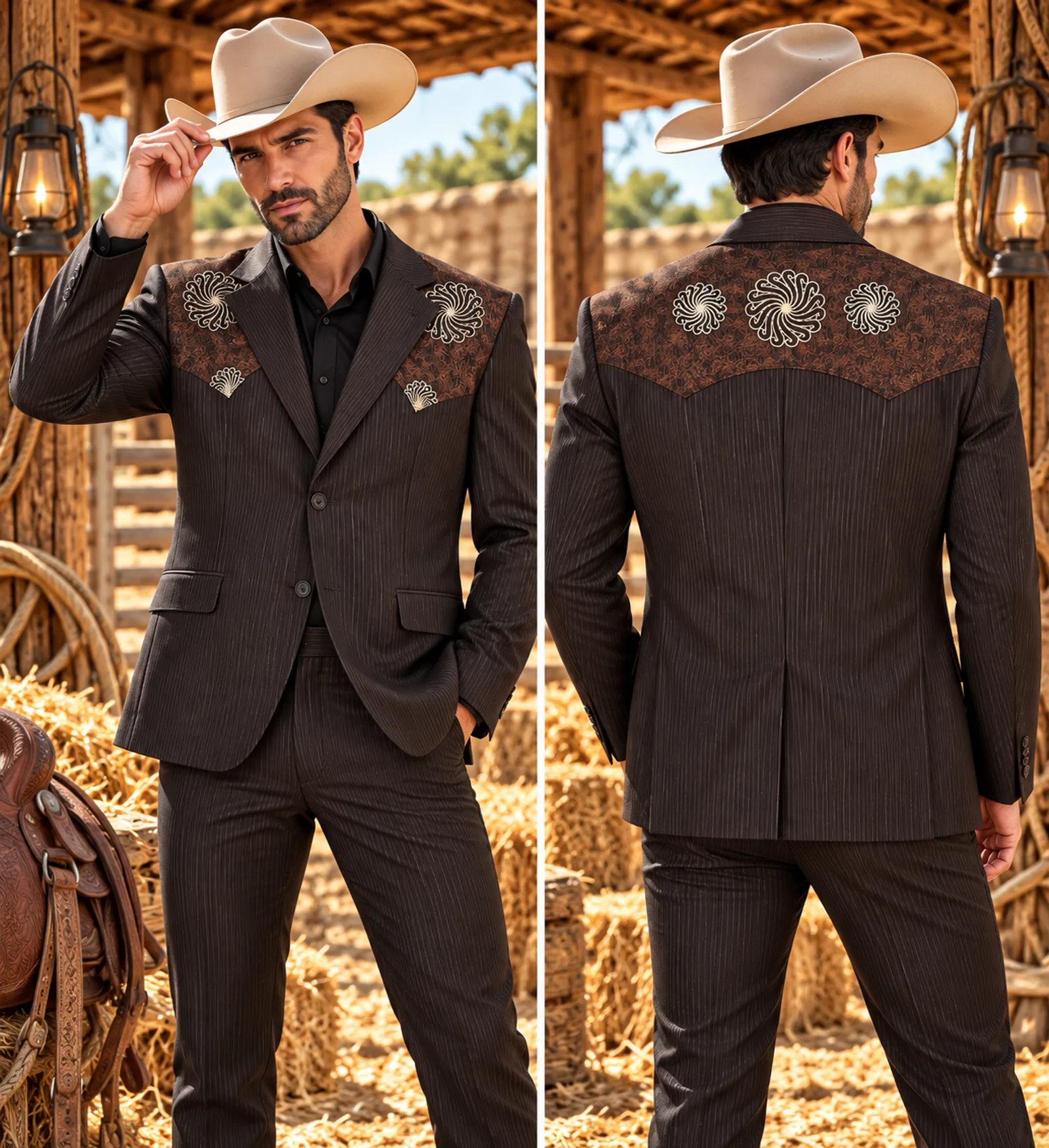 Traje Vaquero Café Rayado con Canesú Bordado