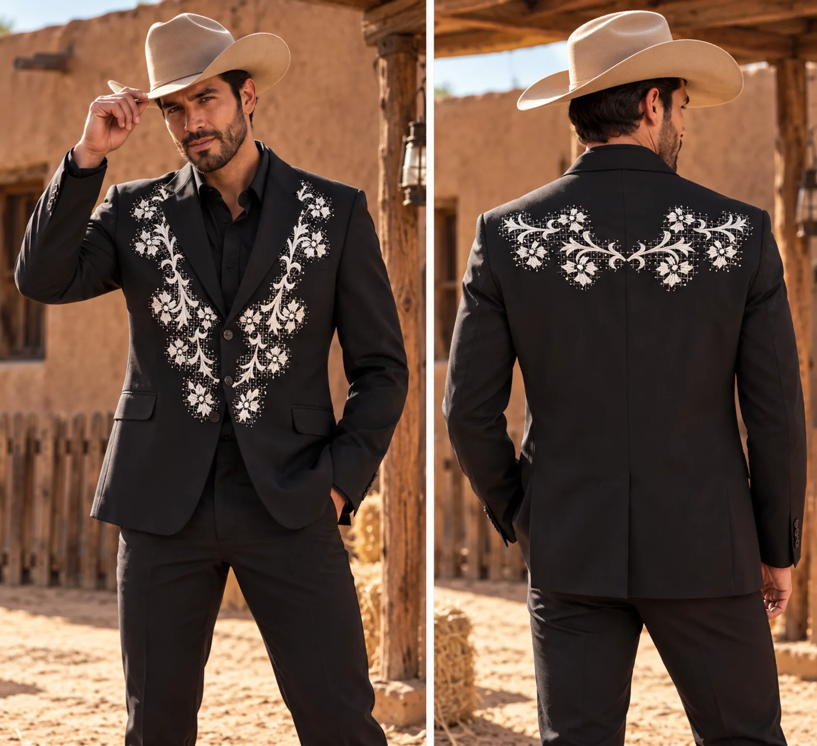 Traje Vaquero Negro Bordado Floral Blanco