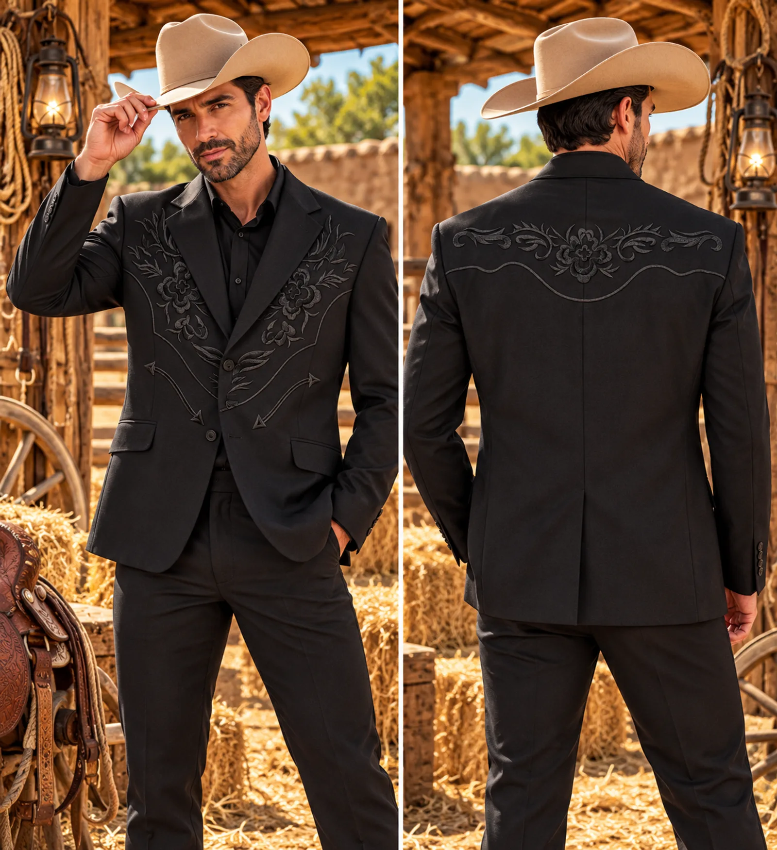 Traje Vaquero Negro Bordado Tono sobre Tono