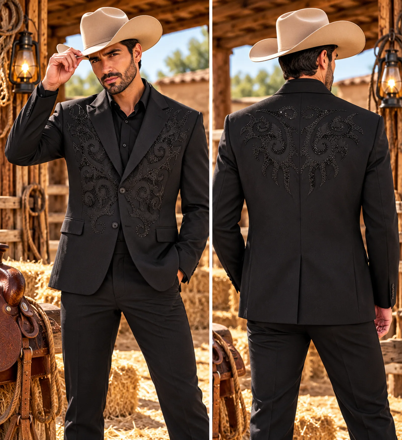 Traje Vaquero Negro con Pedrería Negra